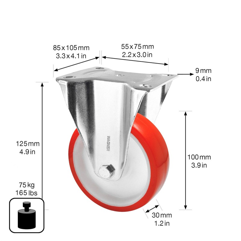 WAGNER Soft fixed castor, diameter 100 mm, height 125 mm,