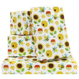 Sunflowers, Golden-yellow Pot of Honey and Bumble bees Wrapping Paper Folded Flat 4 sheets 28 x 20 Inch For Happy 1st Birthday Bee Day Wedding Parties Bee Lover Baby Showers Valentine Christmas Kids