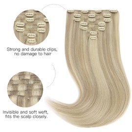 HOTBANANA Human Hair Clip in Hair Extensions, Ash Blonde Highlighted Platinum Blonde Hair Extensions 120g Clip in Hair Extensions Real Human Hair Straight Remy Hair Clip Ins 18 Inch 7pcs
