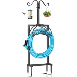 Soporte para manguera de jardín no empotrado, 4 picos mejorado, soporte de carrete de almacenamiento resistente con ganchos de pastor, capacidad para manguera de 150 pies para exteriores