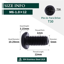 (25 pcs) M6-1.0 x 12mm Button Head Torx Drive Machine Screws, Stainless Steel 304 (18-8) Security Screws, Anti-Theft Tamper Proof, Black Coated, T30 Drive Bit Included