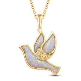 Jewelili Dove Necklace Pendant in Yellow Gold Plated Sterling Silver with Diamonds and Created Opal, 18 inch Rolo Chain