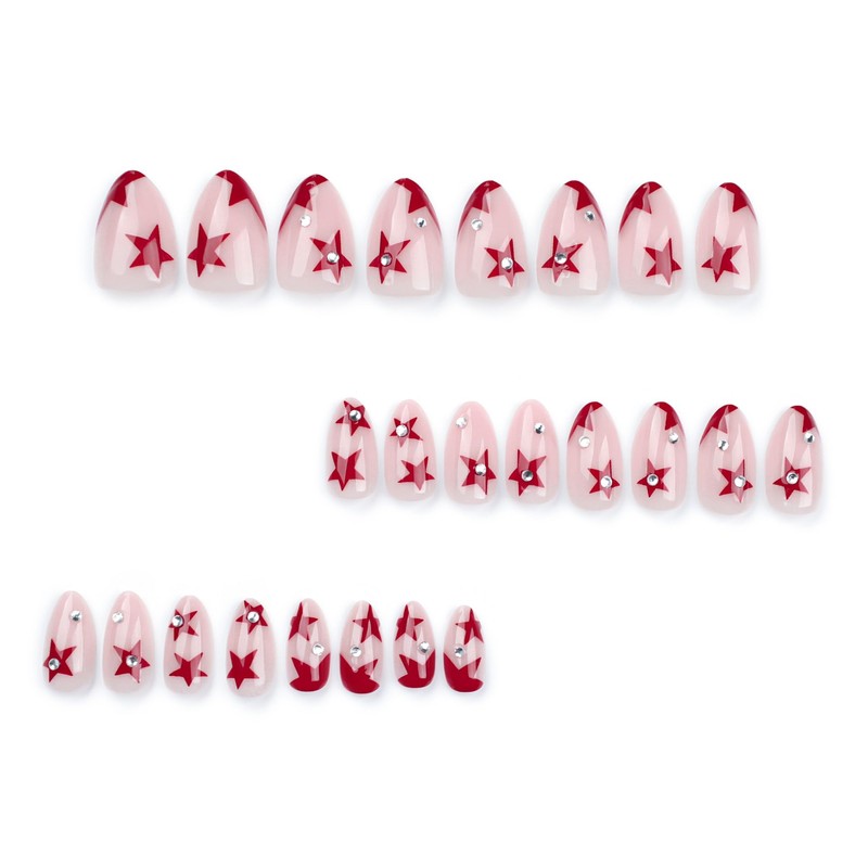 MouyouGlow Press on Nails Short, Almond Nude Red Star Rhinestone