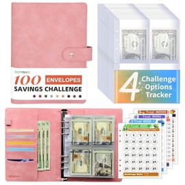 DONBAO 100 Envelopes Money Saving Challenge Binder, A5 Budget Binder with Envelopes and Challenge Tracker, 2024 New Savings Challenges Planner Book to Save $500, $1000, $5050, $10000 (Pink)