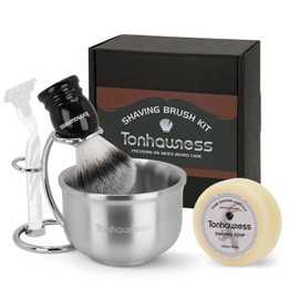 tonhawness Shaving Brushes Kit For Men, 4 In 1 Shaving Brush Set Includes Nylon Bristle Shave Brush,Stainless Steel Shaving Bowl, Shaving Stand and Soap
