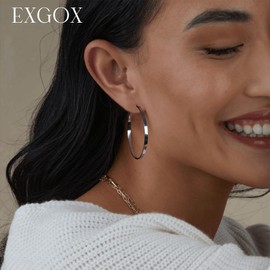 EXGOX 4MM Wide Silver Hoop Earrings for Women Sterling Silver Large Hoop Earrings 14K Real Gold Plated Hoop Earrings Hypoallergenic 925 Silver Big Hoop Earrings for Women (30/40/50/60mm)