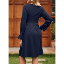 Dokotoo Cocktail Dresses for Women 2025 Elegant Dressy Wrap V-Neck Long Sleeve Empire Waist Pockets A-line Mini Dress Navy Blue Medium
