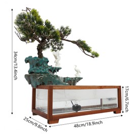 Giciashop Tabletop Fountain Elegant Indoor Crane Water Fountain w/Fish Tank & Atomizer, Desktop Decoration with LED, Fake Plants Feng Shui Decor for Office Home
