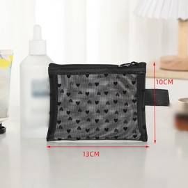 JIHUOO 3 Pcs Black Heart Mesh Makeup Bag Heart Print Zipper Cosmetic Pouch Small Nylon Cosmetic Travel Bag Cute Make Up Pouches Portable Toiletries Bag Travel Accessories Pouches for Women Girls