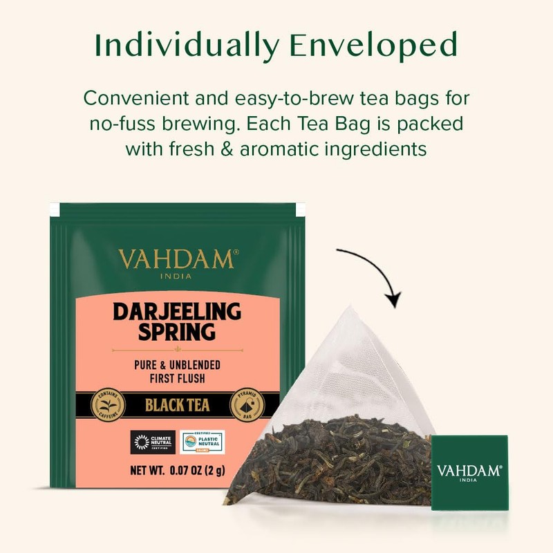 VAHDAM, Tè Darjeeling in foglia intera, 30 bustine piramidali. Primo