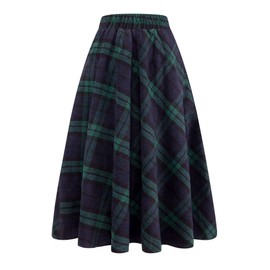 Ylingjun Long Plaid Wool Skirt for Womens Winter Fall Warm High Elastic Waist A line Flared Pleated Wool Tartan Skirts, Green, Large