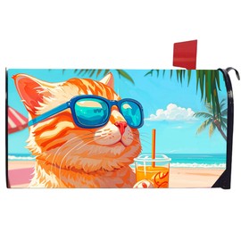 REAIJUNPIN Cute Cat Decoration Mailbox Covers Magnetic Standard Size 21" X 18" Cat Themed Waterproof Mail Box Wraps Post Letter Box Covers Garden Yard Home Decor for Outdoor (Cat- Summer Beach)