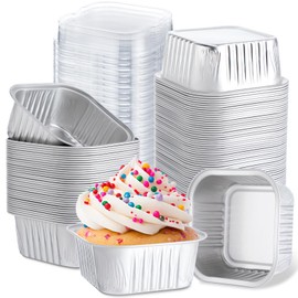 Skylety 100 Pcs 5 oz Mini Square Baking Pan with Lid Aluminum Foil Cupcake Pan Brownie Baking Cup Disposable Ramekins Individual Tin Dessert Containers for Kitchen, Food Grade Material (Silver)