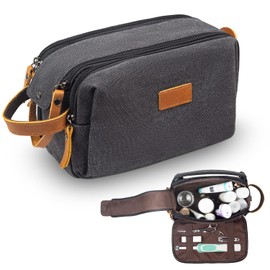 INONIX Men's Toiletry Bag, Leather and Canvas Travel Toiletry Organizer Bag with Large Capacity, Dopp Kit for Men, Travel Bathroom Bag, Water-Resistant Shaving Bag for Toiletries Accessories