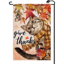 Give Thanks Cat Thanksgiving Garden Flag 12x18 Inch Vertical Double Sided Fall Maple Leaves Butterfly Small Flags Farmhouse Outside Decoration For Yard GE19