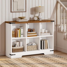 HOOBRO 6-Cube Storage Organizer Bookshelf, Farmhouse Wooden Cube Bookshelf with Storage, 42.5" Open Bookcase for Living Room, Office, Study, White and Walnut WH108SJ01