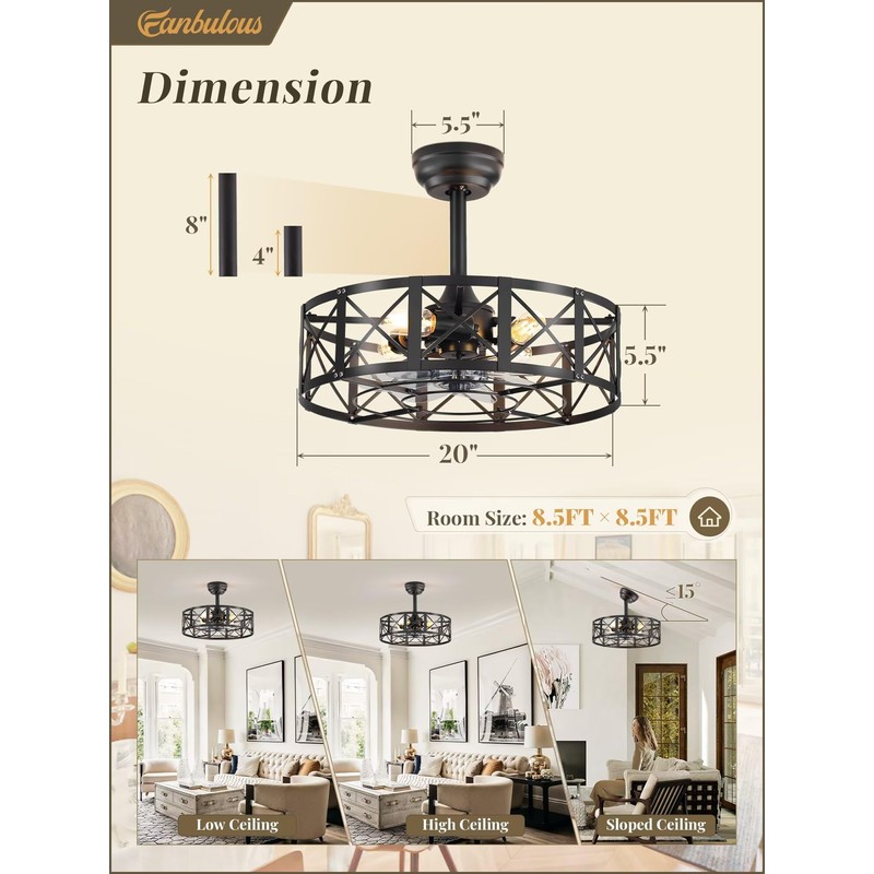 Fanbulous 20 Inch Fandelier Caged Ceiling Fans with Lights and