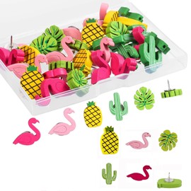 30PCS Wooden Push Pins, Turtle Leaf Vibrant Decorative Thumb Tacks in Flamingo Pineapple and Cactus Styles for Photos Wall Bulletin Board Maps and Cork Boards