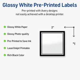 Avery Printable Square Labels, Double Black Border, 2" x 2", Glossy White Square Labels, Permanent, Laser/Inkjet, 120ct, Great for Product Merchandising