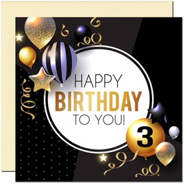 3rd Birthday Card for Boys Girls - Gold & Black Balloons - Birthday Cards for 3 year old three, third Son Daughter Friend Nephew Cousin Brother Sister Niece Grandson granddaughter