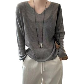Gdnelhuonox Summer Knit Sweater, Long Sleeve, Women's, Openwork Knitting, Top, Outerwear, Mesh, Sheer, Breathable, Comfortable, Cool, Stylish, Casual, Solid, Large Size, Sheer, Air Conditioning