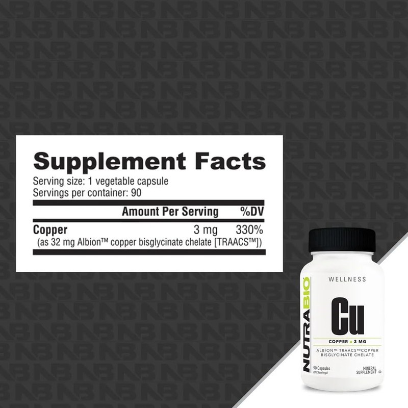 NutraBio Chelated Copper Bisglycinate Supplement (3mg), Immune Support - Copper