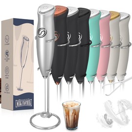 Heylotie Milk Frother With Stand Milk Frother Wand Coffee Frother Handheld Drink Mixer Handheld with 2 Whisks Electric Whisk Stirrers Electric Milk Frother for Coffee Mixer Wand Milk Foamer-Silver