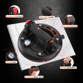 MARSBASE 8" Heavy Duty Suction Cups with Pressure Gauge, Glass Suction Cups to Lift Large Glass, 2 Pack 880 lbs Load Capacity, Suction Cups with Carrying Case for Window,Tiles, Windshield