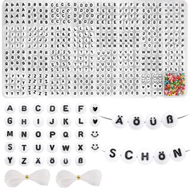 Funtopia Pack of 1200 Letter Beads, A - Z Ä Ö Ü ß Round 4 x 7 mm Letter Beads for Threading with 50 Pieces Heart & Smile Beads, 500 Pieces Beads 2 mm Bracelet Craft Set (30 Letter Beads with 40