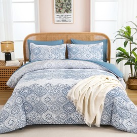WONGS BEDDING Boho Comforter Set Queen Size, Blue Damask Comforter Bedding Set, Bed in A Bag Queen,7 Pieces Soft Microfiber Bohemian Complete Bedding Set with Sheets for All Season