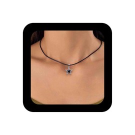IRCOMULTI Gothic Star Choker Necklace Leather Star Pendant Necklace Black Crystal Star Necklace Thin Leather Cord Choker Necklace Leather Short Necklace Jewelry for Women