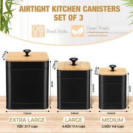 Tioncy Kitchen Canisters for Countertop Set of 3 Metal Canisters Sets with Bamboo Lids Spoon Airtight High Capacity Coffee Tea Sugar Flour Jars with DIY Labels Farmhouse Food Storage(Black,XL,L,M)