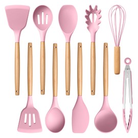 E-far Pink Silicone Cooking Utensils Set, 10-Piece Kitchen Utensils Set with Wooden Handle for Cooking, Non-toxic Silicone Kitchen Nonstick Tools Spatula Whisk Tongs Ladle, Heat Resistant & Health