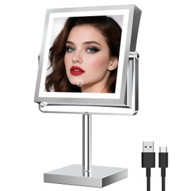 Ruacq Rechargeable Makeup Mirror, 4000mAh Lighted Makeup Mirror with Magnification 1X/10X, Height Adjustable Vanity Mirror with Lights, 3 Color Lights, Adjustable Brightness, 360°Rotation (Chrome)