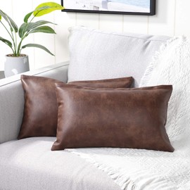 YAERTUN Set of 2 Lumbar Faux Leather Decorative Throw Pillow Covers Modern Solid Outdoor Cushion Cases Luxury Pillowcases for Couch Sofa Bed 12x20 Inches Dark Brown
