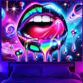 BlissYard Blacklight Tapestry Lip Tapestry 78x59 Inch UV Reactive Tapestry Glowing Tapestry Large Neon Tapestry Posters Wall Hanging for Home Living Room Bedroom Party Decor Photo Shoot Props