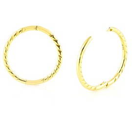 24K Gold Plated On 925 Sterling Silver Solid Seamless Diamond Cut Twist Sleeper Hoop Earrings Small Hinged Thin Handmade 8mm 10mm 12mm 14mm For Women Men (15/32" - 12mm)