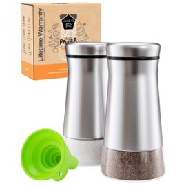 HOME EC Original Salt and Pepper Shakers Set with Adjustable Pour Holes - Glass and Stainless Steel Salt Shaker and Pepper Shaker - Farmhouse Spice dispenser for salts, ground peppercorn and spices