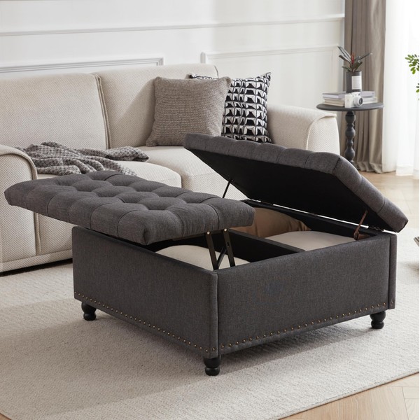 Tbfit Large Square Upholstered Bench, Tufted Coffee Table with Storage, Oversized Toy Box for Living Room, Dark Grey