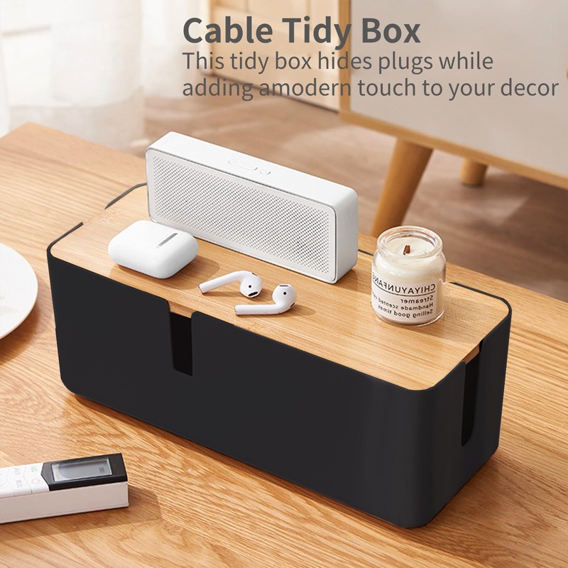 JJQHYC Cable Box Black Cable Box with Bamboo Lid Large