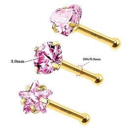 CHARMONLINE 3 Pcs 14K Gold Filled Nose Studs 20G Stainless Steel Stud Nose Ring 2mm/2.5mm/3mm Round CZ L Bend Nose Stud Hypoallergenic Nose Piercing, 20G, Stainless Steel, cubic zirconia