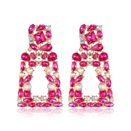 Flyonce Large Statement Drop Earrings for Women Fashion Jewelry, Rhinestone Crystal Rectangle Geometric Dangle Bohemian Dangling Fuchsia