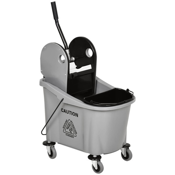 HOMCOM 9.5 Gallon (38 Quart) Mop Bucket with Wringer Cleaning Cart, 4 Moving Wheels, 2 Separate Buckets, & Mop-Handle Holder, Grey