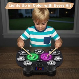 Electric Drum Set with 7 Colorful LED Light Patterns, Better Rebound Feel Electronic Drum Kit Featuring Bluetooth MIDI, 9 Drum Pads, and Dual Speakers, Christmas Birthday Gift for Kids Adult