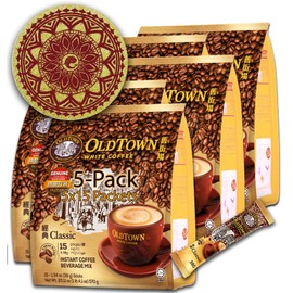 5-Pack OLDTOWN White Coffee 3 in 1 Asian Instant Coffee Package with a Cork Coaster, old town White Coffee 75 Packets with a Random Flavor Sample Packet (5-PACK, Clasic)