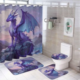 FOCCAFB 4 Piece Watercolor Dragon Shower Curtain Set with Rugs, Include Bathroom Non-Slip Floor Mat, U-Shaped Bath Rug and Toilet Cover Lid with 12 Hooks