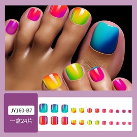 Colorful Press on Toenails Gradient Acrylic Glue on Toenails Glossy Shiny Stick on Toenails Full Cover Artificial False Toenails Short Square Fake Toenails Reusable Toenails Kit for Women Girls 24Pcs