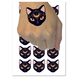 Witch Cat Head with Moon on Forehead Temporary Tattoo Water Resistant Fake Body Art Set Collection - 15 2" Tattoos (1 Sheet)