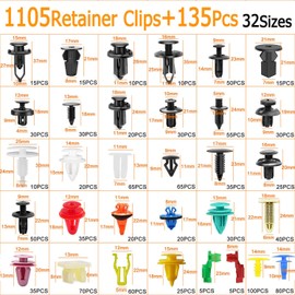 Uolor 1240Pcs Car Push Retainer Clips & Auto Fasteners Kit - 32 Most Popular Sizes Nylon Bumper Fender Rivets with 10 Cable Ties and Fasteners Remover for Toyota GM Ford Honda Chevy