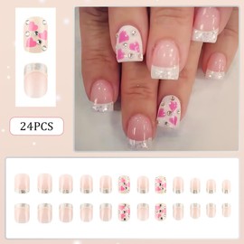 RUPOFUZA Short Press on Nails Square Fake Nails White Acrylic Full Cover False Nails Press ons White French Glue on Nails With Rhinestones Design Artificial Nails for Women Girls 24 Pcs